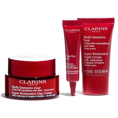 Clarins Super Restorative Collection set: dnevna krema za obraz Super Restorative Day Cream 50 ml + nočna krema za obraz Super Restorative Night Cream 15 ml + krema za okoli oči Total Eye Lift 7 ml + serum za obraz Double Serum 0,9 ml + rdeča kozmetična torbica za ženske Cene