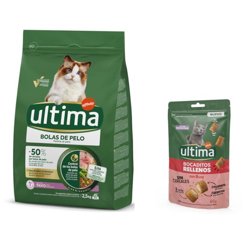  2,5 kg Ultima + 60 g Ultima Snacks punjeni zalogajčići s govedinom gratis! - Hairball puretina Slike