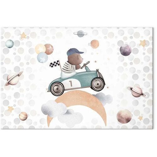  Slika - Galactic Races - A Bear Participating in Car Races Among Planets Clouds and Stars in Pastel Hues 30x20 Premium Print Slike