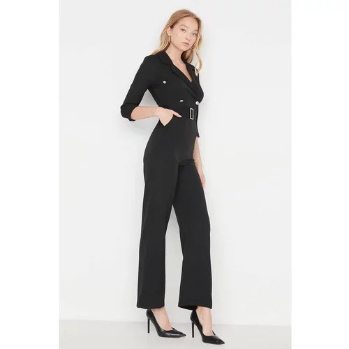 Trendyol Black Belted Double Breasted Collar Jumpsuit