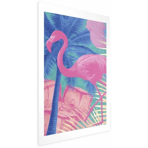  Plakat - Pink Flamingo - abstract flamingo against a background of palm trees and ice cubes 40x60 Bez okvira Cijene