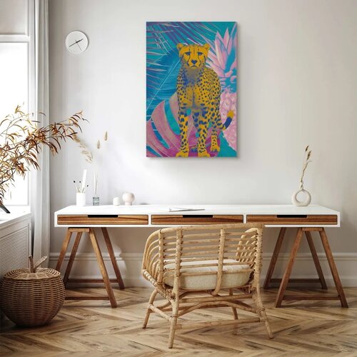  Slika - Exotic Leopard - Colorful Portrait of a Cheetah Against Tropical Leaves 40x60 Standard Slike