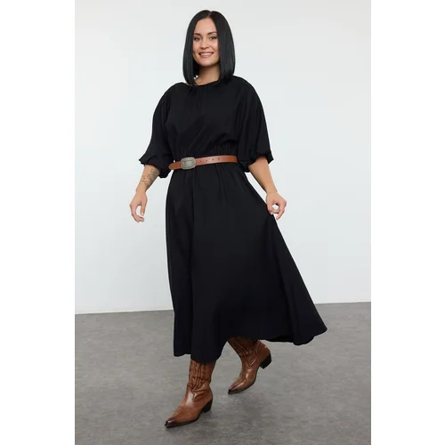 Trendyol Curve Black Textured Balloon Sleeve Midi Woven Plus Size Dress