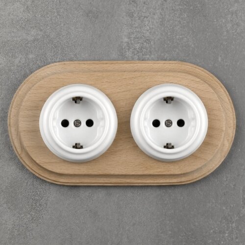  Elhard - Dvostruka keramička retro kućna utičnica sa okvirom SCHUKO 230V bela/drvo Slike