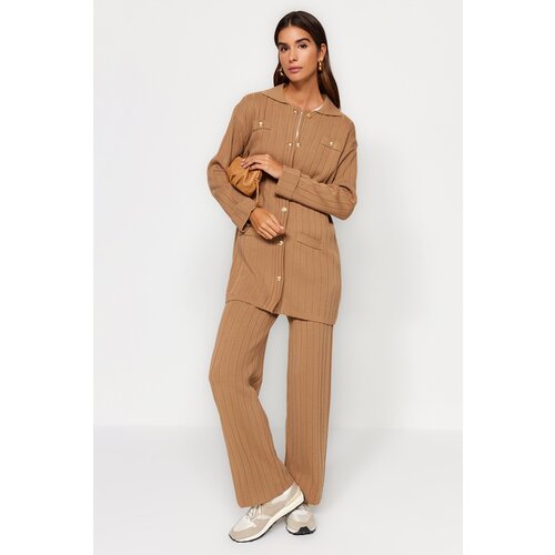 Trendyol Brown Ribbed Cardigan-Pants Knitwear Two Piece Set Slike