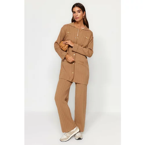 Trendyol Brown Ribbed Cardigan-Pants Knitwear Two Piece Set
