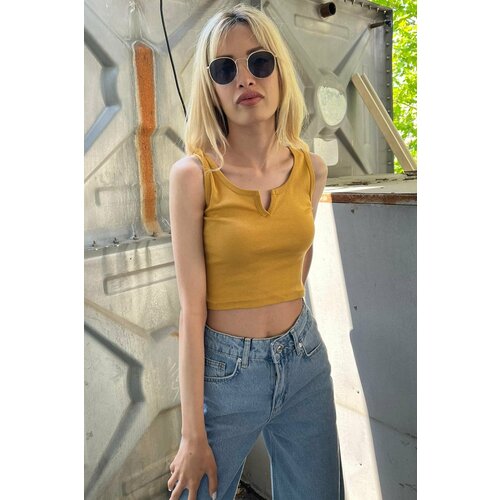 Madmext Mad Girls Front Detail Mustard Crop Top Mg362 Slike