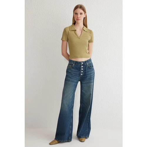 Trendyol Dark Blue Button Front Low Waist Wide Leg Jeans