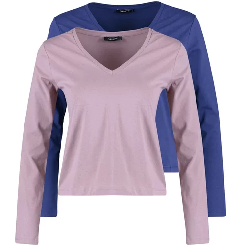 Trendyol Navy Blue-Mink 2-Pack Long Sleeve V-Neck Basic Knitted T-Shirt