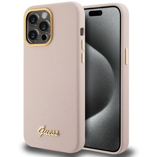 Guess OVITEK S SILIKONSKIM PISOM KOVINSKI LOGO & OKVIR ZA IPHONE 15 PRO ROZA, (21833534) Cene