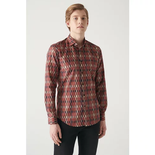 Avva Men's Claret Red with Abstract Pattern 100% Cotton Slim Fit Slim Fit Shirt