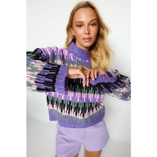 Trendyol Purple Soft Textured Thick Standing Collar Knitwear Sweater