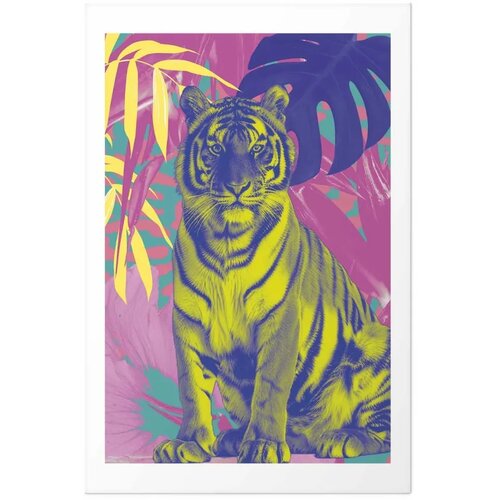  Plakat - Colorful Tiger - intense colors of a tiger surrounded by tropical plants 60x90 Bez okvira s margom Slike