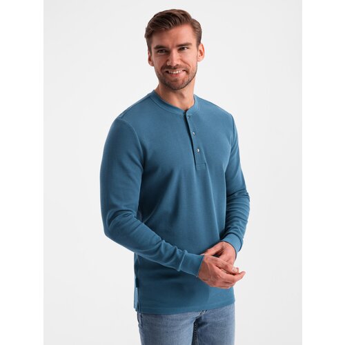 Ombre Men's waffle knit longsleeve fastened at the neck - blue denim Cene