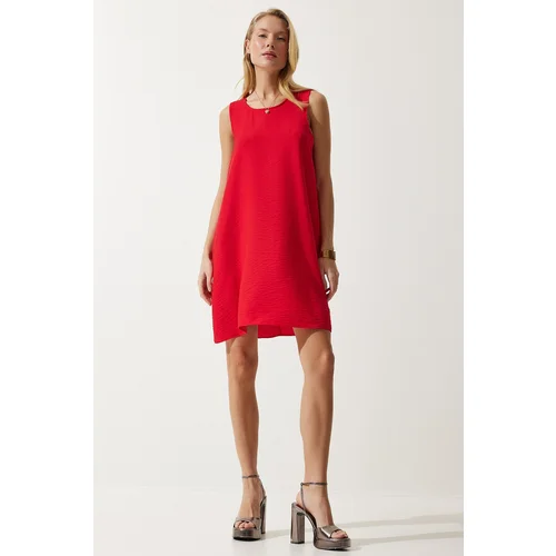  Women's Red Sleeveless Linen Viscose A-Line Dress