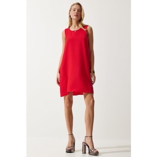  Women's Red Sleeveless Linen Viscose A-Line Dress Cene