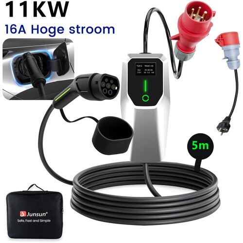 JUNSUN Tip 2 EV električni avtomobilski polnilni kabel – 11kW, nastavljiv tok, LCD zaslon, prenosni polnilnik 6 m z vtičem Schuko 6/8/10/13/16A Vključuje ada, (22155323) Cene