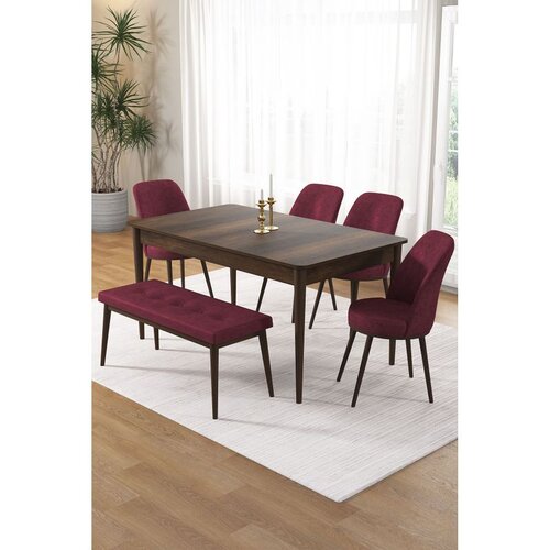 Hanah home trpezarijski set Pir, sto, 4 stolice i klupa, ploča u dekoru drveta Baroque, bordo tkanina Babyface Cene