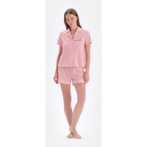 Dagi Light Pink Striped Modal Shorts Pajamas Set Cene