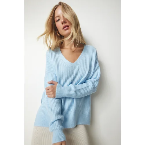 Happiness İstanbul Women's Light Blue V-Neck Textured Knitwear Sweater