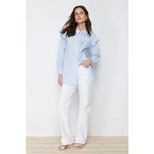 Trendyol Light Blue Pearl Detailed Cotton Woven Shirt