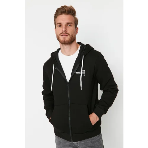 Trendyol Black Men Regular Fit Hooded Slogan Printed Sweatshirt-Cardigan