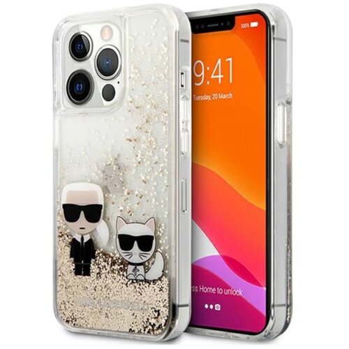 Karl Lagerfeld KLHCP13LGKCD za iphone 13 pro prozorna zaščita z zlatimi bleščicami - karl and choupette Cene