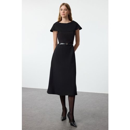 Trendyol Black Cape Look Skater/Waist Open Midi Woven Dress Cene