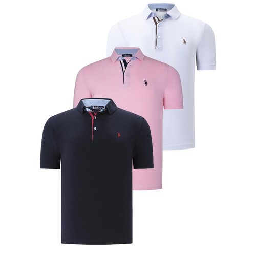 Dewberry TRIPLE SET T8582 MENS T-SHIRT-NAVY BLUE-WHITE-PINK Slike