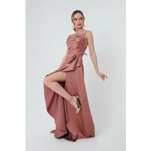 Lafaba Women's Salmon Evening Wear & Prom Dress with a slit in Satin.