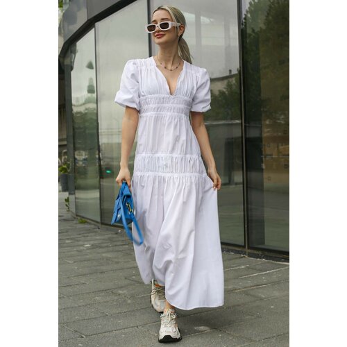 Madmext White Basic Women's Dress with V-Neck Shirring and Long Sleeves. Slike
