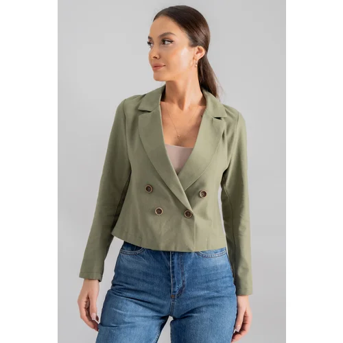 armonika Women's Khaki Double Breasted Collar Gabardine Crop Jacket