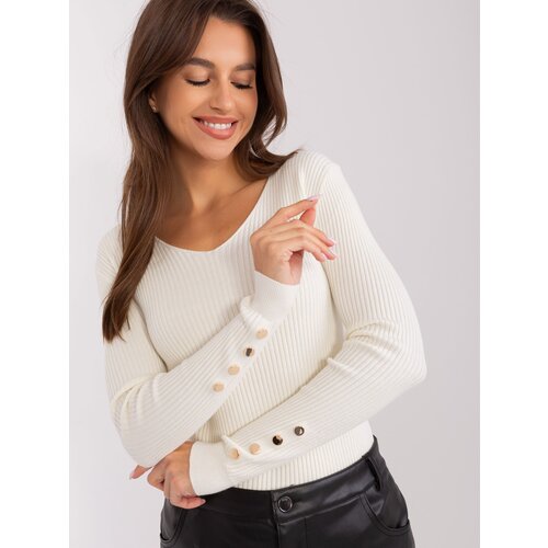 Fashion Hunters Ecru ribbed classic sweater with neckline Slike