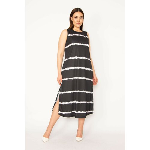 Şans Women's Plus Size Black Tie Dye Striped Long Dress With Side Slit Slike