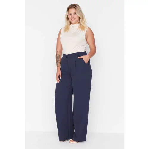 Trendyol Curve Navy Blue High Waist Pleated Woven Trousers