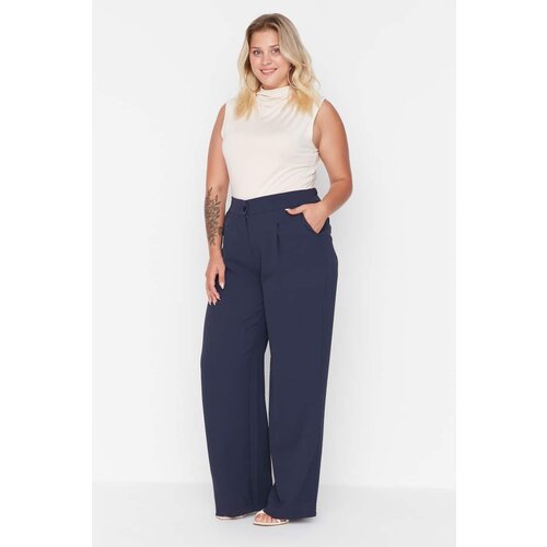Trendyol Curve Navy Blue High Waist Pleated Woven Trousers Slike