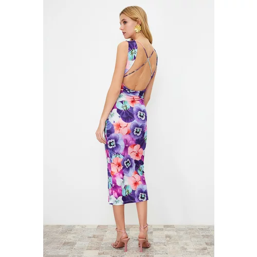 Trendyol Multicolored Floral Printed Back Detailed Gathered Zero Sleeve Flexible Knitted Dress