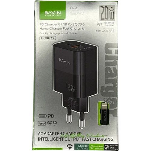 BAVIN Punjač PC963Y-PD, 20W, USB-A + Tip-C, Crni + USB-C na Lightning kabl Cene