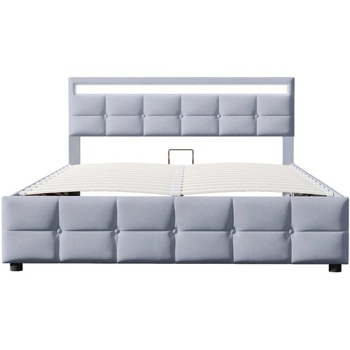 Lumor Postelja s predalom 180x200 cm iz žameta - z LED in letvičastim okvirjem - siva, (22150958) Cene