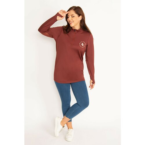 Şans Women's Plus Size Brown Front Pat Zipper Underarm Tulle Detailed Sports Sweatshirt Slike