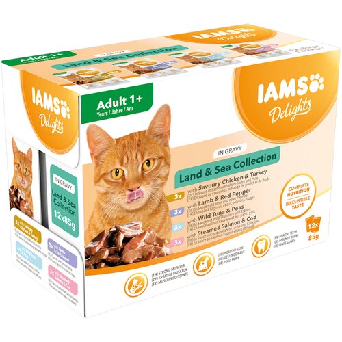 IAMS 36 + 12 gratis! 48 x 85 g mokra hrana za mačke - Delights Adult: Land & Sea Mix u umaku Cijene