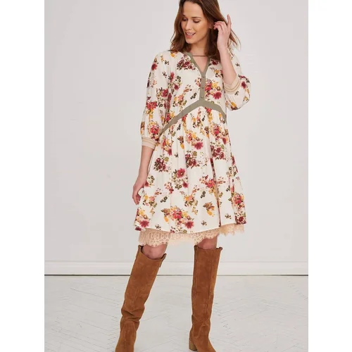 Blue Shadow Beige Flared Floral Dress