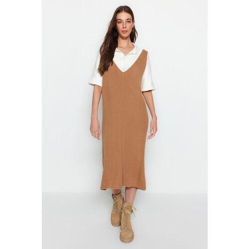 Trendyol Beige Maxi Sweater V-Neck Dress Cene