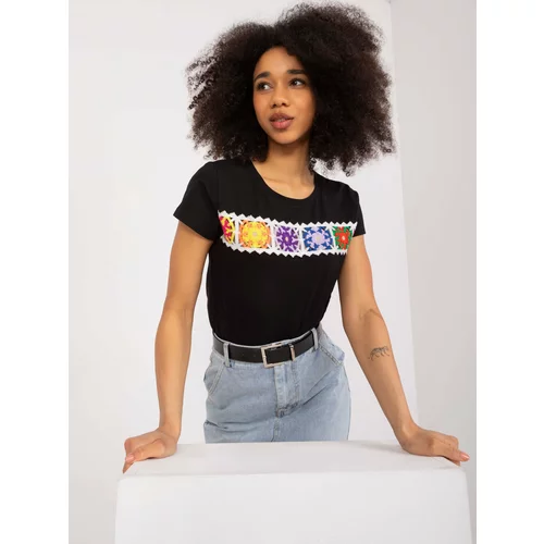 Fashion Hunters Black T-shirt with colorful embroidery BASIC FEEL GOOD