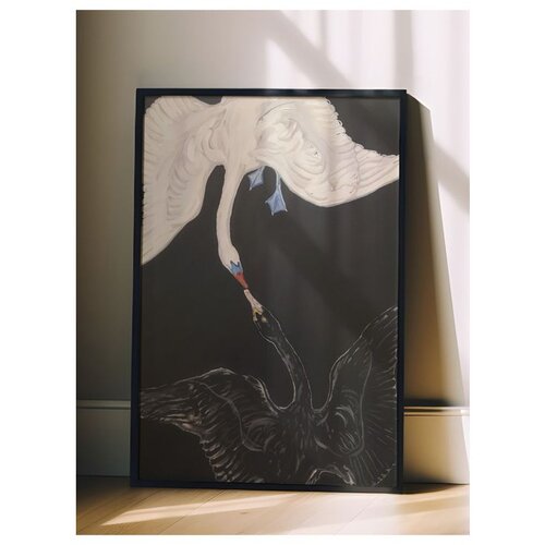 Wallxpert uramljena slika 115199, The Swan Hilme af Klint, beli i crni labud na crno-beloj pozadini, 50 x 70 cm, crni ram Cene