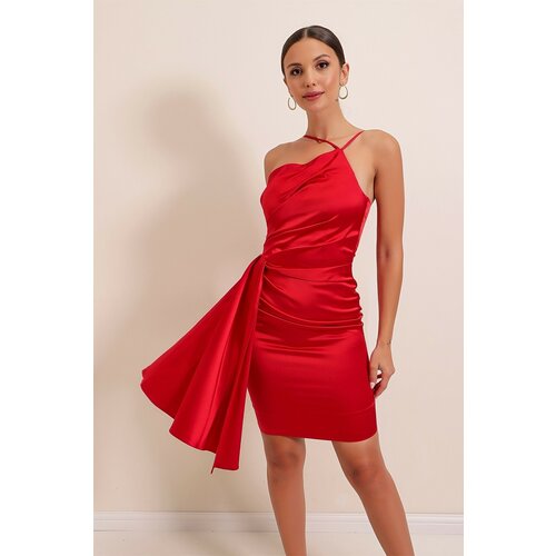 By Saygı One-Shoulder Long Sleeve Satin Short Dress With Pleats Red Slike