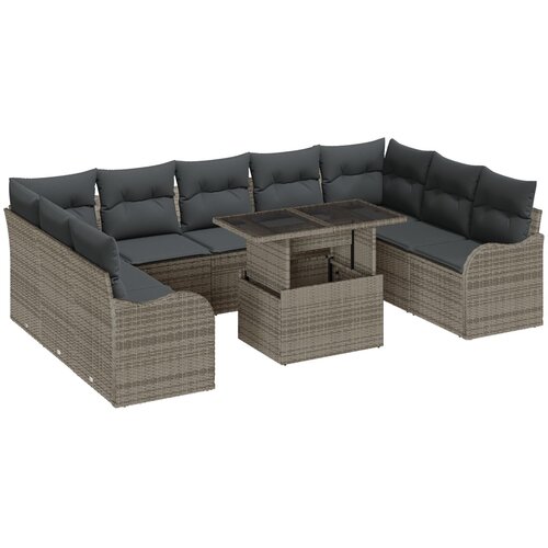 VidaXL 10-dijelni vrtni sofa set s jastučićima siva poli ratan, 2-sjedala vrtna sofa s spremnikom i jastučićima siva poli ratan Slike