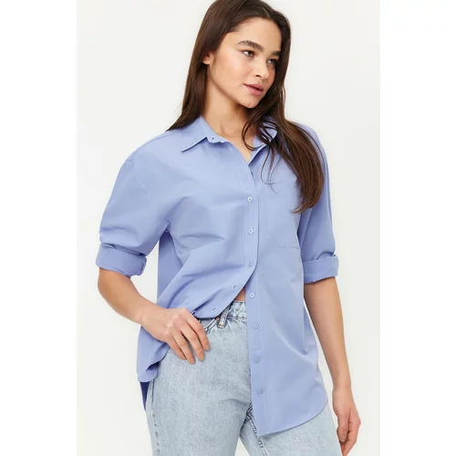 Trendyol Sky Blue Single Pocket Boyfriend Woven Cotton Shirt