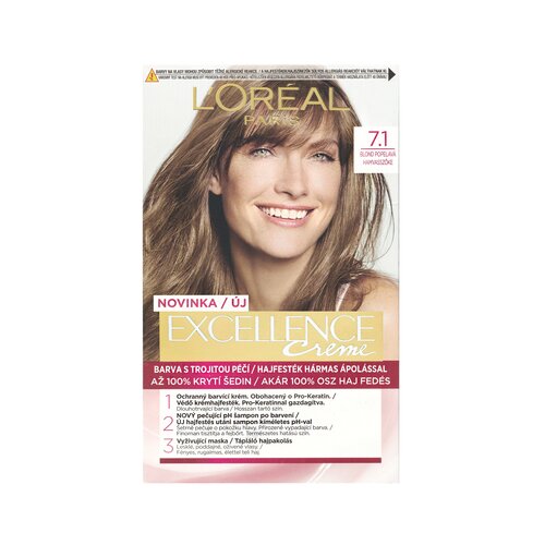 L&amp;acute;Or&amp;eacute;al Paris excellence creme triple protection barva za lase za vse vrste las 48 ml odtenek 7,1 natural ash blonde Slike