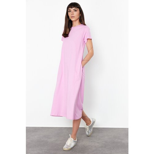 Trendyol Pink Plain Pocket Crew Neck A-Line Knitted Dress Cene